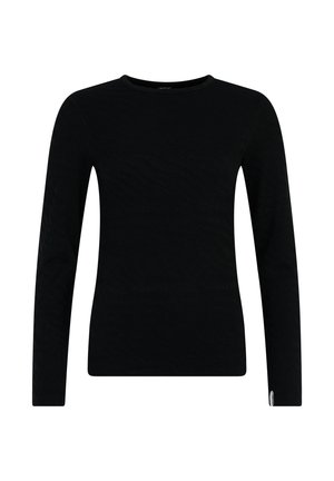 Sort langærmet skjorte med et tekstureret mønster. Rund halslinning og lige snit. Har et lille mærke ved kanten.