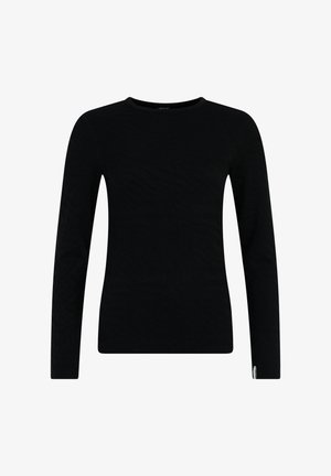 Sort langærmet skjorte med et tekstureret mønster. Rund halslinning og lige snit. Har et lille mærke ved kanten.