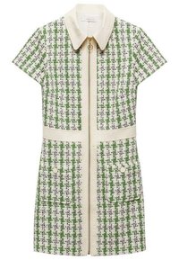 Abito a maniche corte con motivo a quadri verdi e bianchi, dotato di zip frontale, grandi tasche e colletto a contrasto. Tessuto in misto cotone.