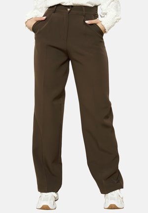 Brown high-waisted trousers made of smooth fabric, featuring a straight-leg design, side pockets, and a discreet front zipper.