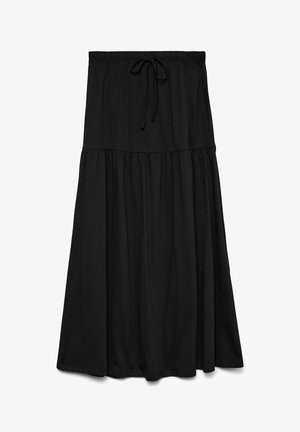 Jupe longue noire avec taille froncée et cordon ajustable, coupe ample et tissu doux.