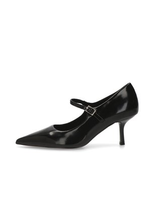 Zapato de charol negro tipo Mary Jane con tacón, con punta afilada y una sola correa ajustable con hebilla plateada. Tacón de aguja de 3 pulgadas.