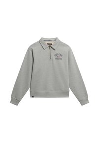 Sudadera gris con cuello de polo, cierre de media cremallera, puños de canalé y logotipo bordado de 'Superdry Athletics' en el pecho.