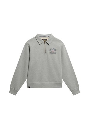 Sudadera gris con cuello de polo, cierre de media cremallera, puños de canalé y logotipo bordado de 'Superdry Athletics' en el pecho.