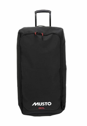 Valise noire verticale à roulettes avec poignée télescopique, poche avant zippée et logo "MUSTO 80L" en blanc et rouge.