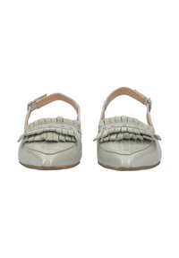 Patent leather slingback shoes in light green with pleated suede detail on the front and adjustable buckle strap. Flat sole design.