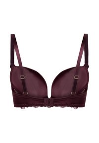 Soutien-gorge en satin bordeaux avec armatures, bonnets lisses, bretelles réglables, dentelle sur le bord et fermeture à crochets au dos.