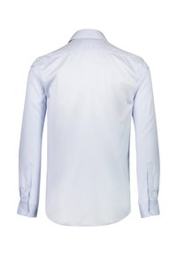 Camicetta azzurro chiaro a maniche lunghe con colletto a punta, texture liscia, polsini con bottone e orlo curvo. La vista posteriore mostra un design pulito e semplice.