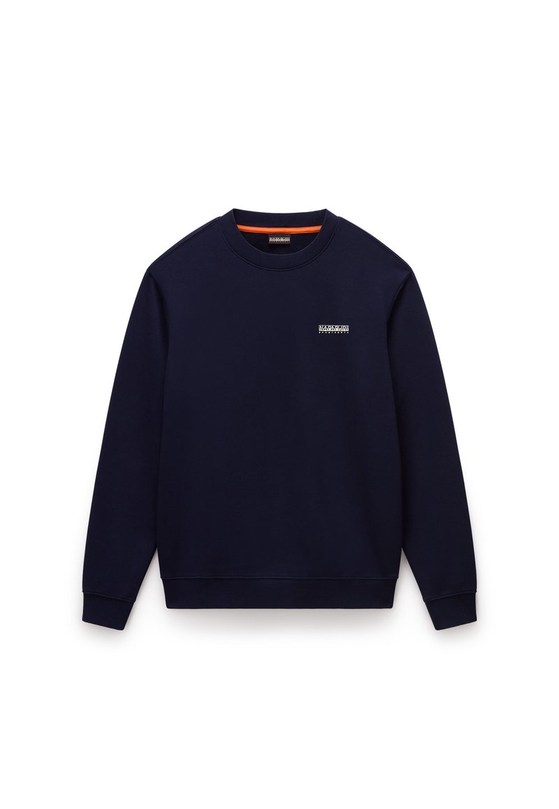 Felpa blu navy in tessuto morbido, con scollo rotondo, maniche lunghe e un piccolo logo sul petto.