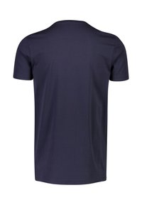 Granatowa bawełniana koszulka z krótkim rękawem i okrągłym dekoltem, charakteryzująca się jednolitym kolorem bez wzorów i akcentów. Widać widok z tyłu.