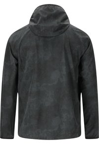Schwarze wasserdichte Jacke mit Kapuze. Hat eine strukturierte Oberfläche und ein dezentes Muster. Lange Ärmel mit elastischen Bündchen und einer lockeren Passform.