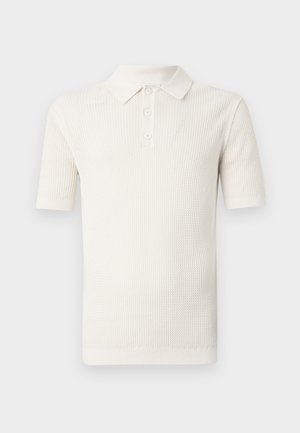 Weißes Polohemd mit kurzen Ärmeln aus strukturiertem Strickstoff, mit Kragen und Knopfleiste mit drei Knöpfen, sowie geripptem Saum und Ärmelbündchen.