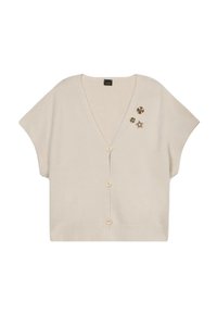 Beige kort mouwen cardigan met een V-hals, vijf knopen en decoratieve bloemen- en sterversieringen aan de linkerkant.