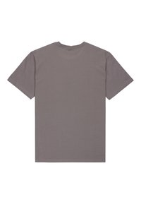 Graues Baumwoll-T-Shirt, kurze Ärmel, Rundhalsausschnitt, einfaches Design, keine sichtbaren Muster oder Grafiken, flache Textur, sauberer Saum.