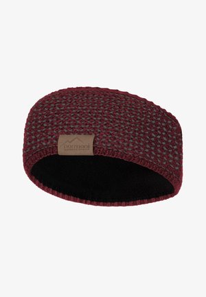 Strickhaarband in Burgunderrot mit grauen Akzenten, ausgestattet mit einem Fleece-Futter. Enthält ein Logo-Patch. Zirkuläre Form mit strukturiertem Muster.