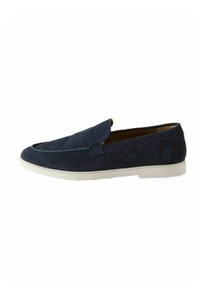 Navy blue suede slip-on loafer with white rubber sole, rounded moc toe, and low heel, shown against a white background.