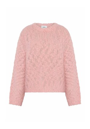Pulover tricotat roz, cu un design larg și scurt, guler rotund și fir de lână gros, texturat. Are mâneci lungi și tiv ribboatat.