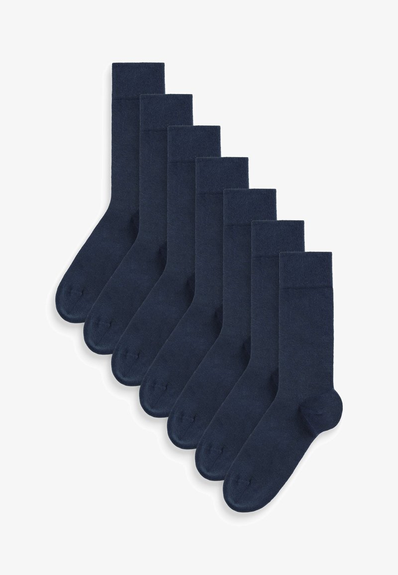 Marineblaue Socken aus einem weichen, glatten Stoff. Jede Socke hat einen gerippten Bündchen und eine verstärkte Zehenpartie, ordentlich in einer Reihe angeordnet.