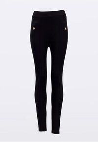 Zwarte leggings met een gladde textuur, voorzien van twee voorzakken met zilveren knopen, een getailleerde pasvorm en een hoge tailleband.