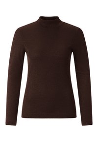 Brauner Langarm-Turtleneck-Pullover mit körperbetontem Schnitt, geripptem Material und schimmerndem Effekt, aus einem weichen, dehnbaren Stoff gefertigt.