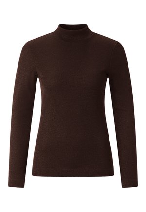 Bruine lange mouwen turtleneck trui met een aansluitend ontwerp, geribbeld textuur en een subtiele glans, vervaardigd uit een zachte, rekbare stof.