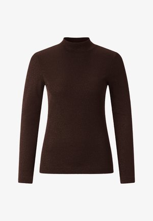 Suéter marrón de manga larga con cuello alto, de diseño ajustado, textura acanalada y un brillo sutil, confeccionado en un material suave y elástico.