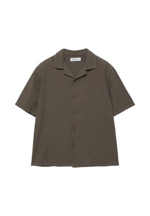 Brązowa koszula na krótki rękaw z guzikami, kołnierzem typu camp, pięcioma guzikami z przodu oraz prostym dołem.