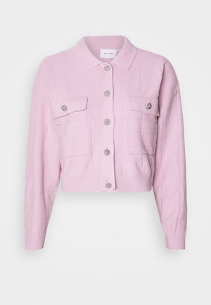 Pink cropped cardigan with a collared neck, textured pattern, and silver button accents. Features two front pockets with flap closure.