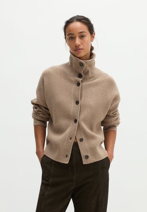 Donna con capelli scuri raccolti indietro che indossa un maglione beige a maglia con bottoni, collo alto e pantaloni scuri, mani nelle tasche, in piedi su sfondo bianco.