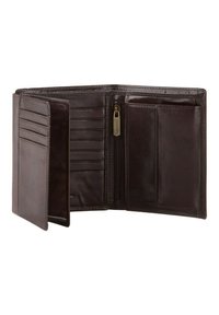 Portefeuille en cuir marron avec plusieurs emplacements pour cartes, un compartiment zippé et une texture lisse. L'intérieur présente un motif de logo de la marque.