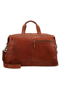Sac de voyage en cuir marron avec double poignées, bandoulière amovible, poche zippée à l'avant et surface texturée. Design minimaliste, forme rectangulaire.