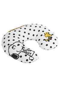 Cuscino per il collo a forma di U, rivestito in tessuto bianco con pois neri. Presenta grafiche di Snoopy e Woodstock in nero e giallo. Texture morbida.