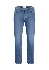 Jeans de denim azul claro con un diseño de pierna recta, estilo de cinco bolsillos, lazos para cinturón y un cierre clásico de botones.