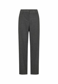 Gray, pinstriped trousers with a straight-leg cut, made from a textured fabric. Features belt loops and a standard waistband.