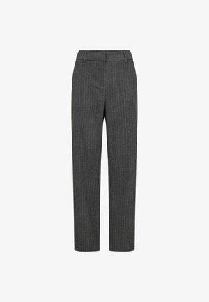 Pantaloni grigi a righe sottili con un taglio dritto, realizzati in un tessuto testurizzato. Presentano passanti per cintura e una vita standard.