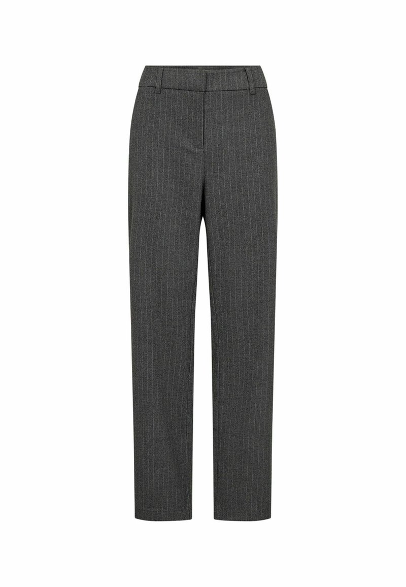 Gray, pinstriped trousers with a straight-leg cut, made from a textured fabric. Features belt loops and a standard waistband.