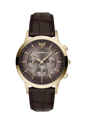 Emporio Armani Armbanduhr mit goldenem Gehäuse, braunem Sunray-Zifferblatt, drei Hilfszifferblättern, Datumsanzeige und dunkelbraunem Lederarmband.