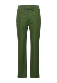 Pantalons vert olive à coupe droite, taille à cordon de serrage, devant plat et tissu texturé. Présente un détail de logo sur le côté.