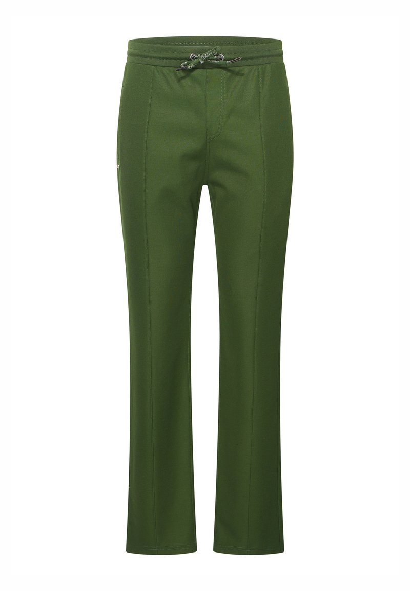 Pantalons vert olive à coupe droite, taille à cordon de serrage, devant plat et tissu texturé. Présente un détail de logo sur le côté.