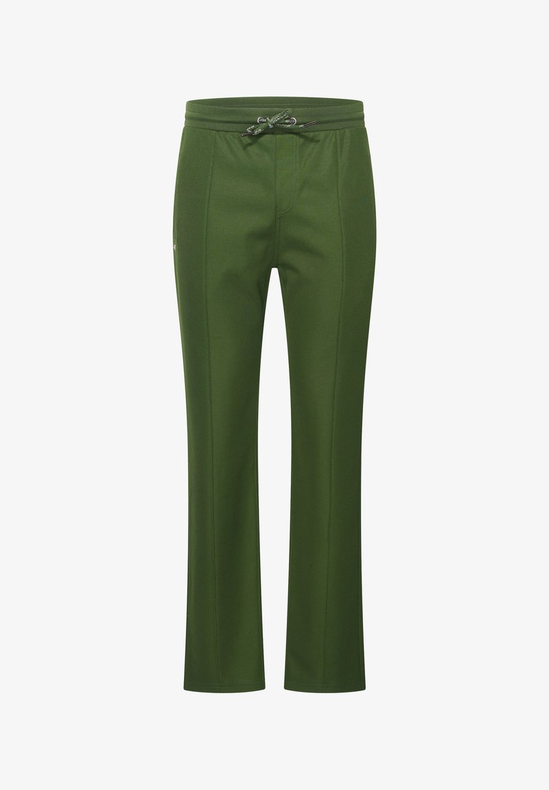 Olivgrüne Hose mit geradem Schnitt, Kordelzugbund, flacher Vorderseite und strukturiertem Stoff. Mit einem seitlichen Logodetail.