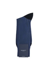 Calcetines de canalé en color azul marino con puntera y talón negros, con una etiqueta que dice "HACKETT LONDON" en blanco. Material suave con un diseño ajustado.