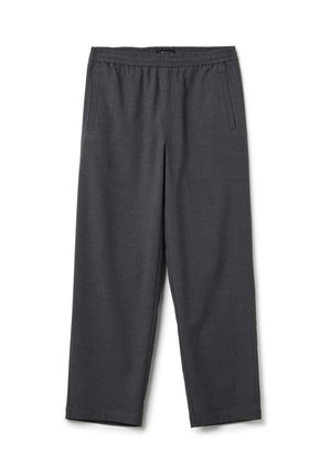 Graue, plissierte, weit geschnittene Hosen mit elastischem Bund und Seitentaschen, aus einem weichen, strukturierten Stoff gefertigt.