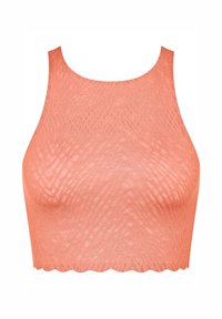 Koralfarvet crop top med et struktureret mønster, ærmeløs design og bølget kant. Fremstillet af et blødt, strækbart materiale.