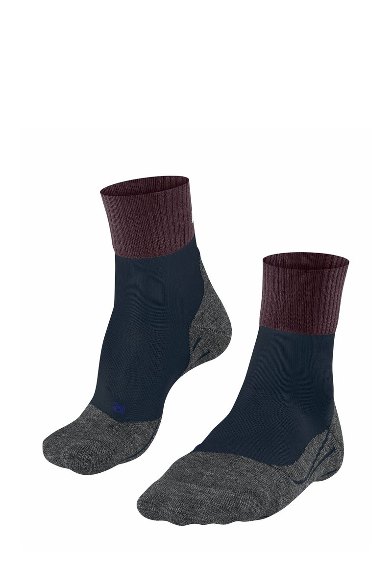 Dwie pary skarpetek sportowych wyświetlone, z bordo prążkowanym mankietem, granatowym ciałem i szarym wzorowanym podbiciem dla komfortu i wsparcia.