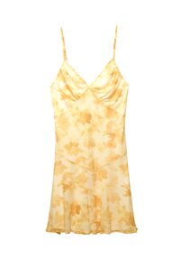 Gelbes Blumen-Slipkleid mit dünnen Trägern, weichem Stoff und fließender Form. Hat ein gerafftes Oberteil und eine leichte, durchsichtige Textur.