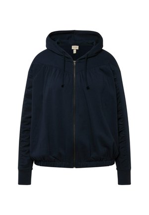 Marineblauer Kapuzenpullover mit Frontreißverschluss, gerafften Seitendetails und gerippten Bündchen. Weicher Stoff und lässige Passform.