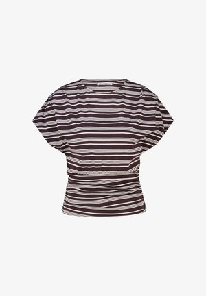 Korte mouwen zwart-wit gestreept nauwsluitend shirt met een geplooide taille en een ronde halslijn.