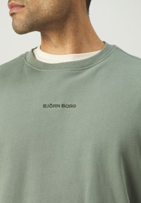 Svetrovka svetlo zelene barve z okroglim izrezom in rebrastim robom. Na prsih je izvezen logo "BJÖRN BORG" v temnejši zeleni barvi.