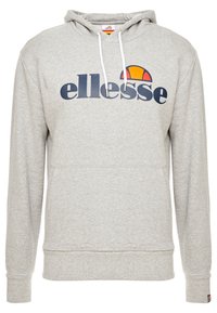 Sudadera con capucha gris hecha de una mezcla de algodón, que presenta un gran logo en navy de "ellesse" y un gráfico colorido de medio sol. Incluye cordones y un bolsillo tipo canguro.