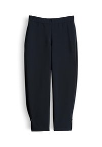Navy blue straight-leg pants with a subtle pinstripe pattern, elastic waistband, and button details at the ankle cuffs.